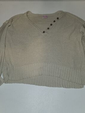 Pink Lily Cream V-Neck Button Detail Women's Sweater